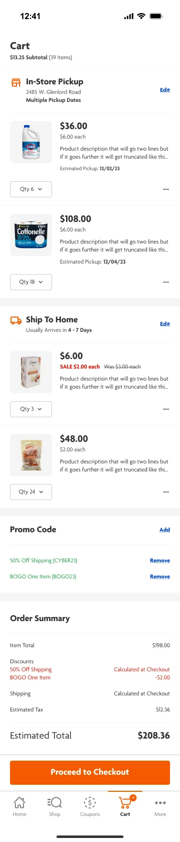Redesigned cart grouping in-store pickup and ship-to-home items, with visible promo codes, a consolidated order summary, and estimated total
