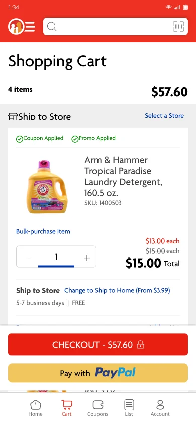 Original Family Dollar cart: a single ship-to-store list with fragmented pricing details and checkout button