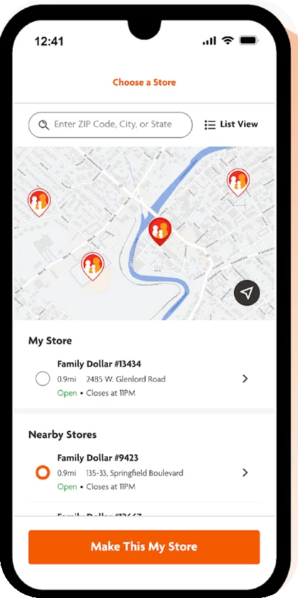 Family Dollar app — My store: Geotargeted store selection