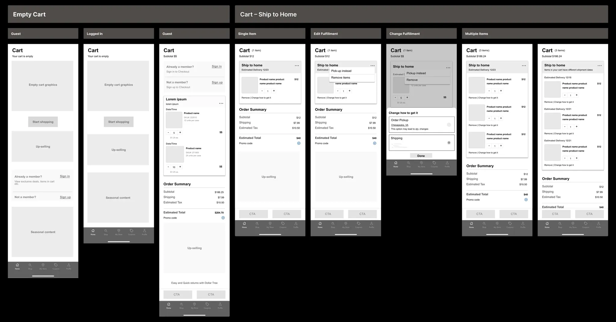 Mid-fidelity wireframe board covering the empty cart (guest and signed-in) and ship-to-home cart states, including editing fulfillment and multi-item shipments