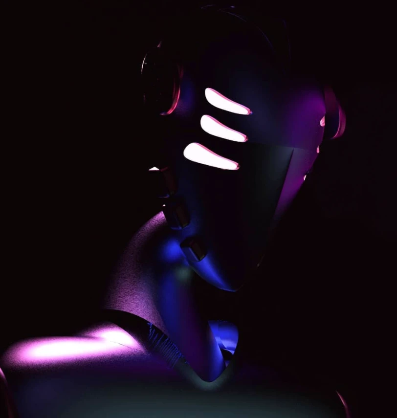 Dark 3D character render with neon purple and blue rim lighting