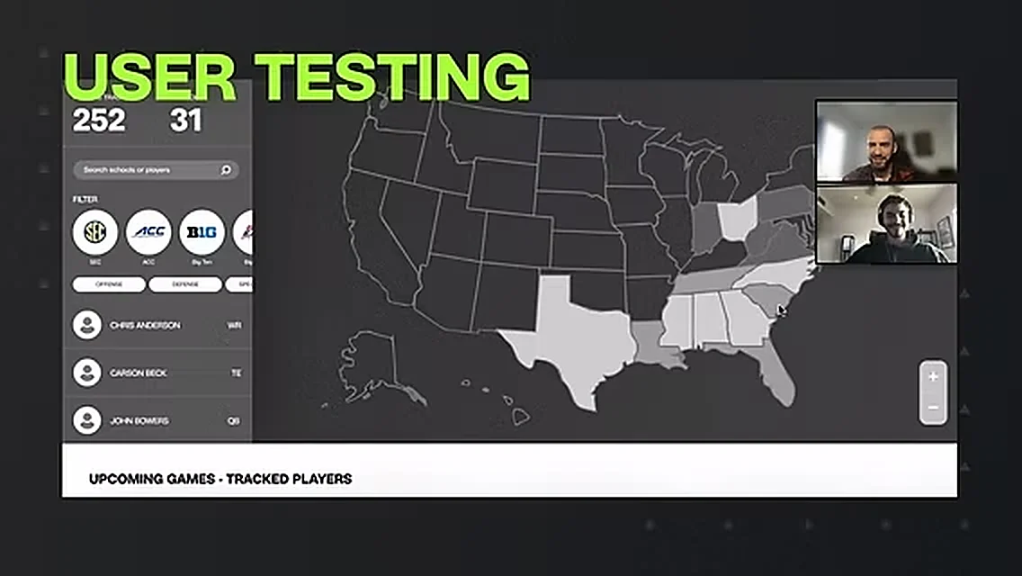 Remote user testing session: the SCOUT prospect map interface on screen with two testers on a video call, showing 252 tracked players filtered by conference